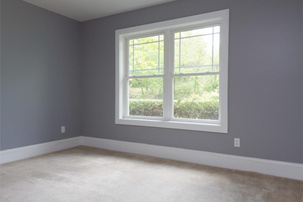 Bright basement room with soft carpet flooring, gray walls, and large window with natural light